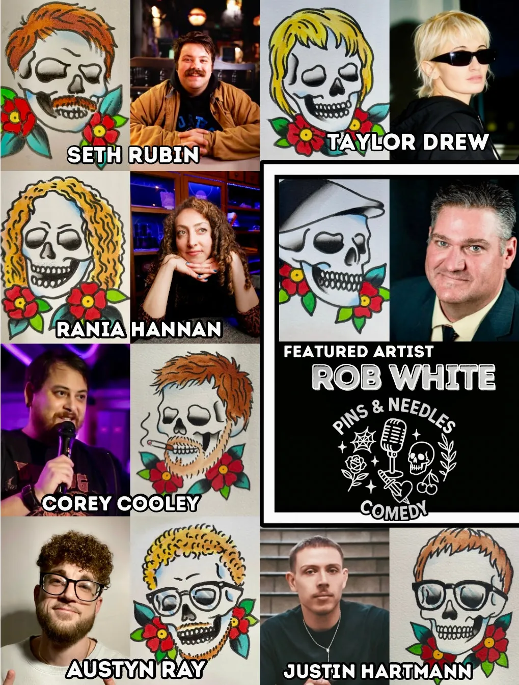 Rob White Turned the Pins & Needles Comedy Lineup Into Tattoo Flash